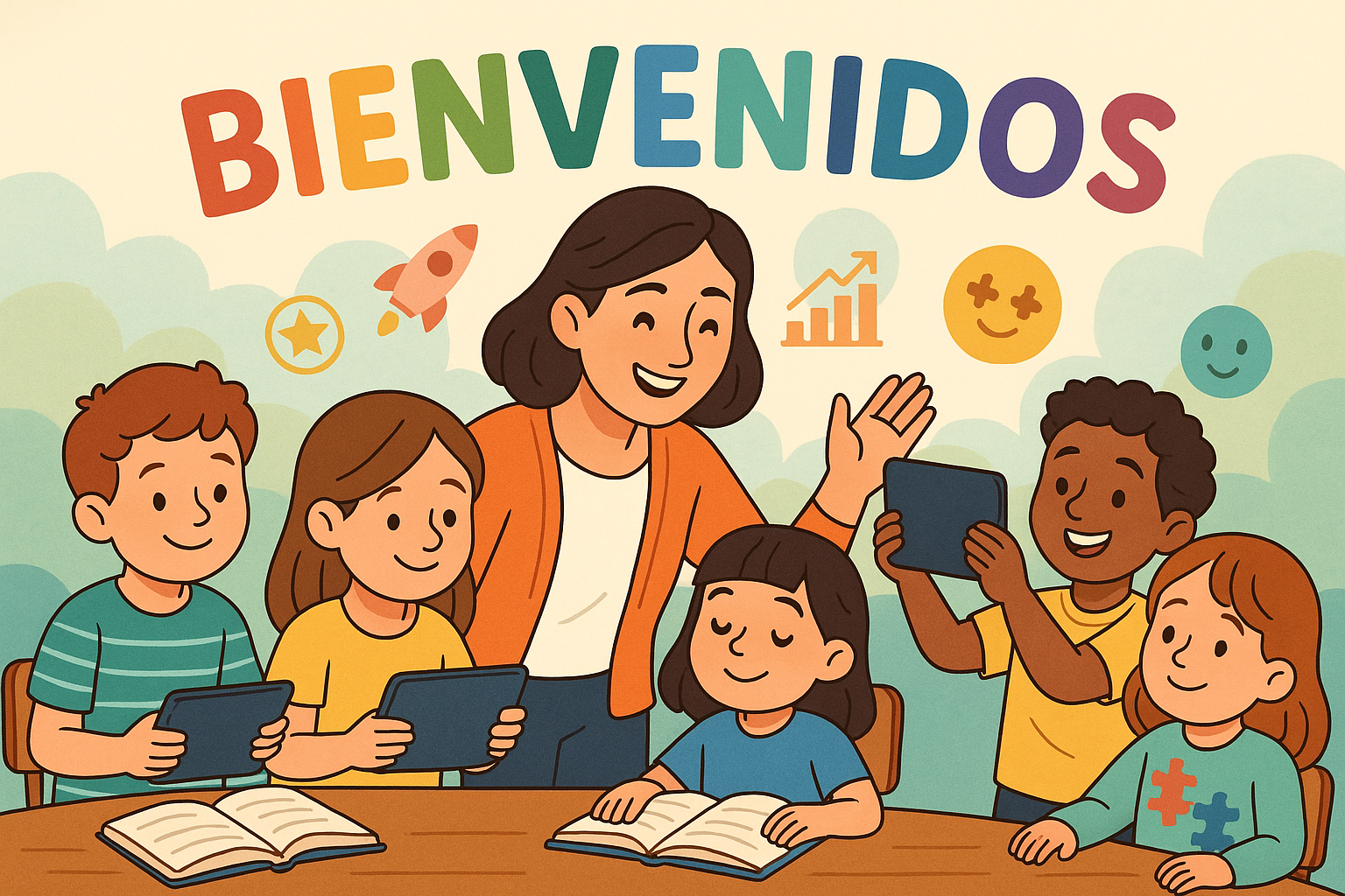 Una ilustración colorida y alegre que da la bienvenida a un grupo de niños a un espacio educativo. En la parte superior, destaca la palabra "BIENVENIDOS" escrita en letras grandes y llamativas, cada una de un color diferente (rojo, naranja, verde, azul, morado). El fondo es claro, con nubes suaves en tonos pastel verde y azul.

En el centro, hay una maestra sonriente con cabello castaño oscuro y un suéter naranja. Ella extiende una mano saludando o explicando algo con entusiasmo. A su alrededor hay cinco niños y niñas de diferentes tonos de piel y estilos, lo que refleja diversidad. Están sentados alrededor de una mesa, mirando libros o usando tabletas digitales con actitud feliz y participativa.

Sobre ellos flotan pequeños íconos decorati